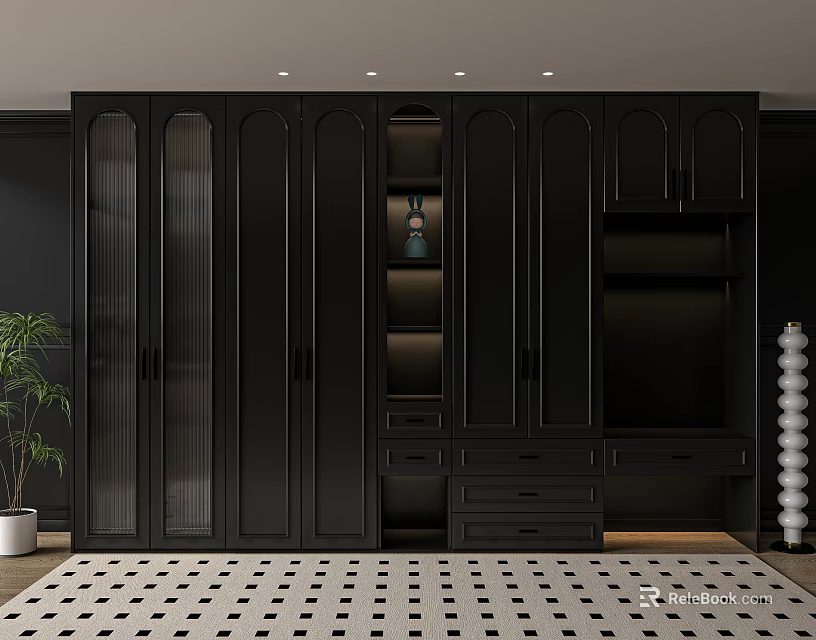 Black Wardrobe with Modern Design Glass Doors Drawers Green Plant and Decorative Column 3d model 
