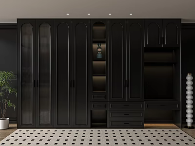 Black Wardrobe with Modern Design Glass Doors Drawers Green Plant and Decorative Column 3d model