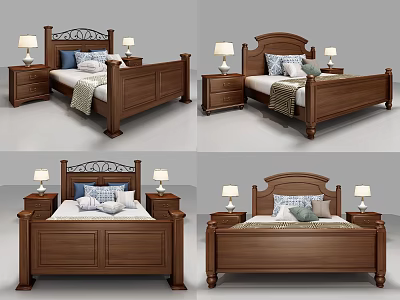 Classic Wooden Double Bed With Carved Headboard Nightstands And Table Lamps 3d model