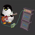 Adorable Penguin Playing Red Electric Guitar With Cable Next to Marshall Amplifier