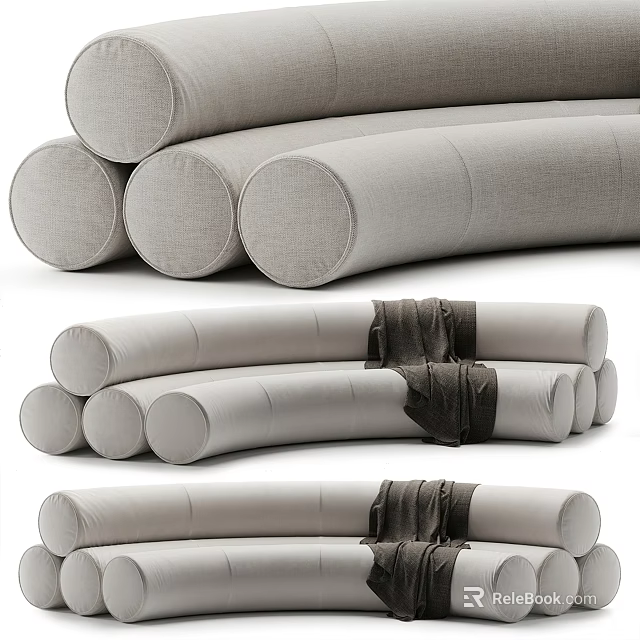 Modern Light Gray Sectional Sofa Design With Cylindrical Cushions And Dark Throw Blanket 3d model 