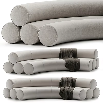 Modern Light Gray Sectional Sofa Design With Cylindrical Cushions And Dark Throw Blanket 3d model