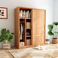 Wooden Sliding Door Wardrobe With Hanging Clothes Storage Baskets Indoor Green Plants And Decorative Painting