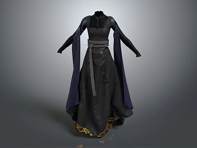 Elegant Black Long Dress with Dark Cloak Waist Belt and Golden Patterns 3d model