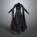 Elegant Black Long Dress with Dark Cloak Waist Belt and Golden Patterns