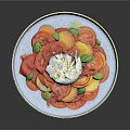 Fresh Burrata Salad with Sliced Tomatoes Fresh Basil Drizzled Olive Oil on Blue Plate