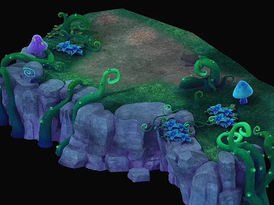 Lush Plant Combination Featuring Green Vines Blue Flowers and Mushrooms in Rocky Decorative Landscape 3d model