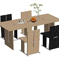 Modern Dining Table Set With Wooden Top Black And Beige Chairs Fruit Vase And Book