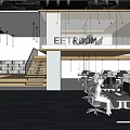 Modern Public Office Space With Open Layout Desks Computers Staircase And Bookshelves