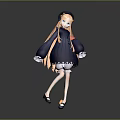 Anime Style Game Character With Long Orange Hair Black Hat And Navy Blue Striped Dress