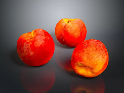 Fresh Juicy Ripe Red and Orange Peaches on Dark Background with Reflection 3d model
