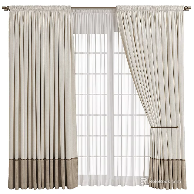 Beige Curtains With Sheer Panels Framing Glass Door And Floor Reflection 3d model 