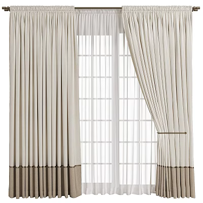 Beige Curtains With Sheer Panels Framing Glass Door And Floor Reflection 3d model