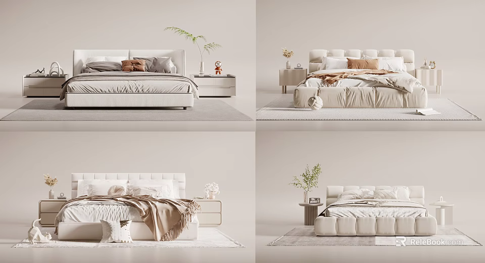 Modern Double Bed Design With Beige Upholstered Frame Plush Pillows And Green Plants 3d model 