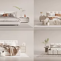 Modern Double Bed Design With Beige Upholstered Frame Plush Pillows And Green Plants