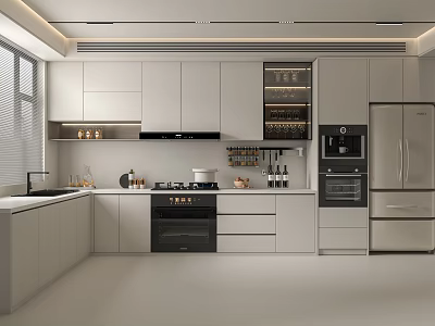 Modern Kitchen Interior Design With White Cabinets Island Counter And Appliances 3d model