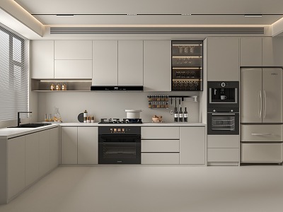 Modern Kitchen Cream Home Kitchen Cabinet Kitchen Refrigerator Stove Kitchen Supplies 3d model