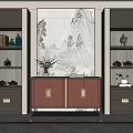 Modern Entryway Cabinet and Side Cabinet Design With Red Doors Display Shelves and Decorative Artwork
