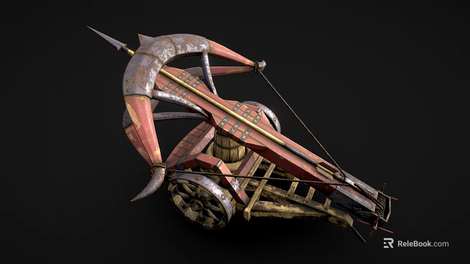 Ancient Medieval Ballista War Machine With Wooden Structure Metal Components Wheels And Arrow Design 3d model 