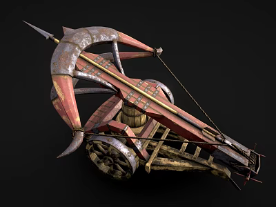Ancient Medieval Ballista War Machine With Wooden Structure Metal Components Wheels And Arrow Design 3d model
