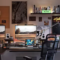 Modern Home Office Workspace With Dual Monitors Desk Chair Bookshelf And Wall Art