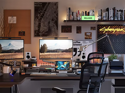 Modern Home Office Workspace With Dual Monitors Desk Chair Bookshelf And Wall Art 3d model