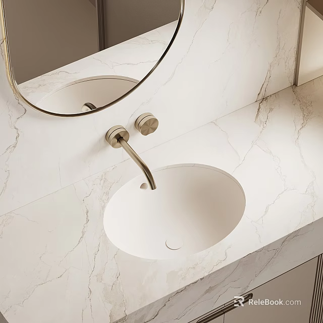 Modern Bathroom Vanity Sink With Marble Countertop Gold Faucet And Round Mirror 3d model 