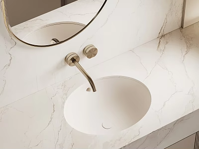 Modern Bathroom Vanity Sink With Marble Countertop Gold Faucet And Round Mirror 3d model