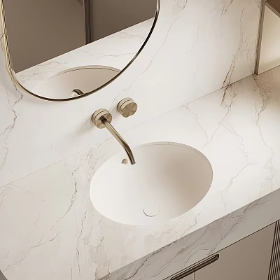 Modern Bathroom Vanity Sink With Marble Countertop Gold Faucet And Round Mirror 3d model