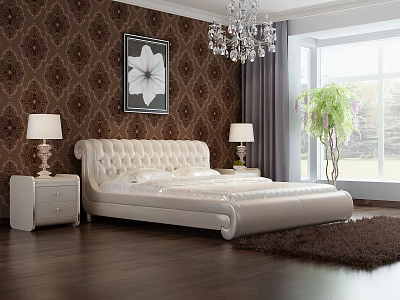White Leather Double Bed in Background with Brown Patterned Wallpaper Crystal Chandelier and Green Plant 3d model