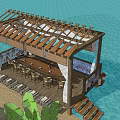 Wooden Pergola Near Sea With Outdoor Seating Colorful Flags Bamboo Hat And Banana Plant