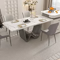 Modern Dining Table Set with Marble Top Four Chairs Tableware Vase and Fruit Bowl