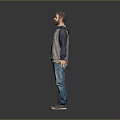 Bearded Man in Gray Blue Hoodie Standing with Arms Outstretched Wearing Blue Jeans and Shoes