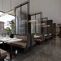 Modern Restaurant Interior With Marble Buffet Counter Dark Wood Decor And Seating Area