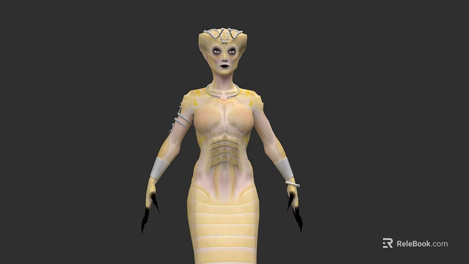 Fantasy Snake Woman With Yellow Scaled Body Crown Like Headpiece And Black Claws 3d model 