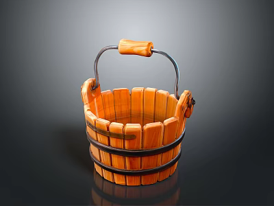 Sturdy Wooden Bucket With Metal Handle And Wooden Grip For Daily Use 3d model
