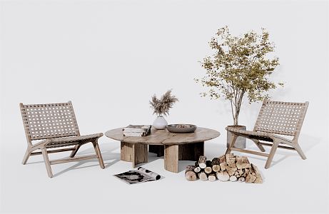 Quiet Casual Table and Chair Combination Casual Chair Log Round Coffee Table Wood Pile Vase Jewelry Ornaments 3d model