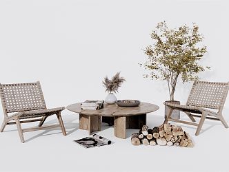 Quiet Casual Table and Chair Combination Casual Chair Log Round Coffee Table Wood Pile Vase Jewelry Ornaments 3d model