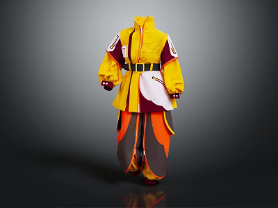 Stylish Yellow Outfit With Black Belt Red White Details And Orange Gray Brown Pants 3d model