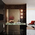 Modern Entryway With Patterned Wall Marble Countertop Flower Arrangement Red Chair And Round Pendant Lights