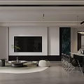 Modern Living And Dining Room Interior With Beige Sofa Dining Table And Hanging Lights