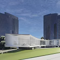 Modern Sales Office Building with Water Reflection Surrounded by High Rise Buildings and Greenery