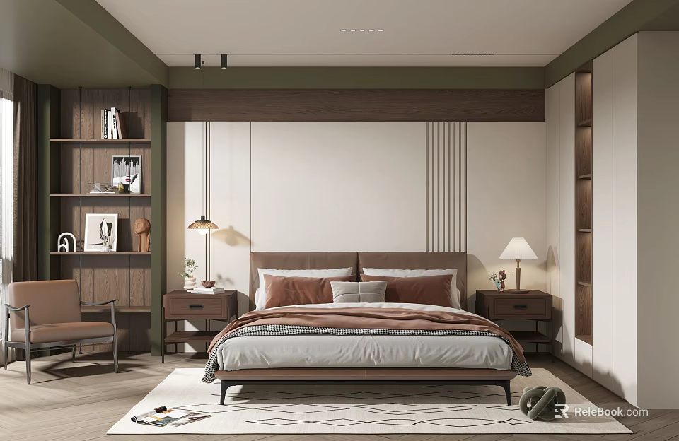 Warm Modern Bedroom Interior Design With Bed Nightstands Lamps Bookshelf Chair And Rug 3d model 