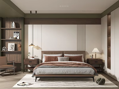 Warm Modern Bedroom Interior Design With Bed Nightstands Lamps Bookshelf Chair And Rug 3d model