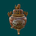 Traditional Ornament Decor Set With Lion Lid Dragon Handles Floral Bird Motif Golden Legged Design