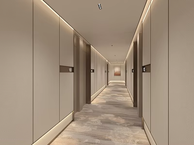 Modern Hotel Corridor With Light Colored Walls Recessed Lighting And Patterned Carpet 3d model