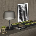 Modern Decorative Ornament Set With White Table Lamp Moss Plants Black Planters And Geometric Art