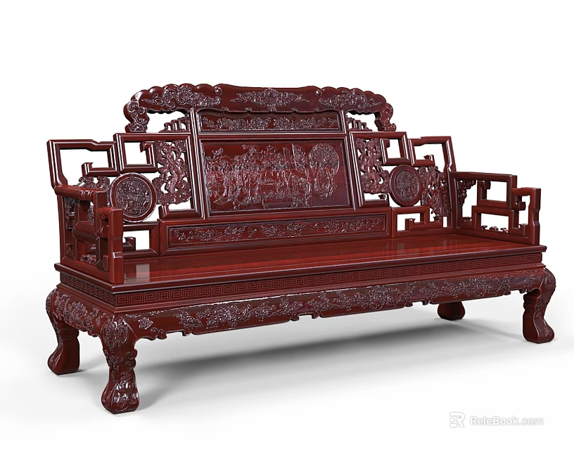 Chinese Style Mahogany Multi Person Sofa With Intricate Carved Patterns And Classic Design 3d model 