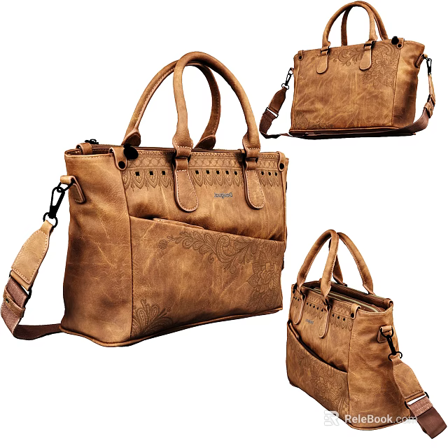 Vintage Brown Leather Handbag With Top Handles Shoulder Strap And Decorative Stitches 3d model 