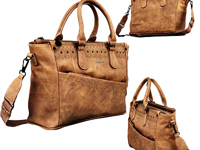 Vintage Brown Leather Handbag With Top Handles Shoulder Strap And Decorative Stitches 3d model